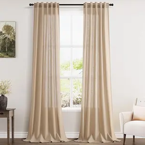 Tan Linen Curtains 102 Inches Long for Living Room 2 Panel Set Back Tab Rod Pocket Semi Sheer Curtains Light Filtering Burlap Extra Long Drapes Neutral Farmhouse Decor for High Window 40x102