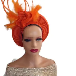 Orange Aso Oke Auto Gele Hat with Fascinator