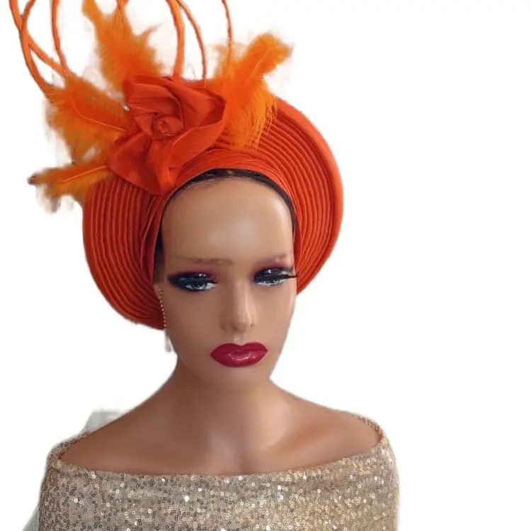 Orange Aso Oke Auto Gele Hat with Fascinator