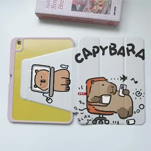 1 piece of work card capybara printed three-fold stand, with pencil holder, anti-fall protective iPad case, foldable non-slip adjustable stand, flexible hybrid protective case compatible with iPad 10.2 8th gen 2020, iPad mini 6/7, iPad 9.7-Inch 2018