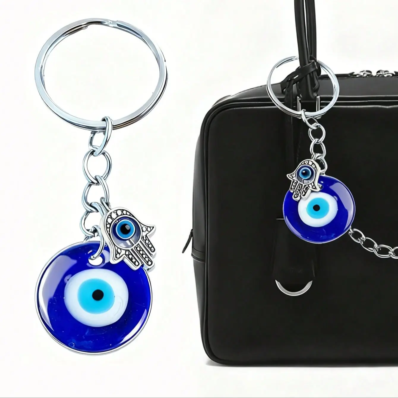 Blue Evil Eye Fatima Hand Keychain Amulet, Lucky Alloy 2 Piece Set, Hangs on Backpack, Bag, Car Keys, Phone Accessories, Gift for Friends