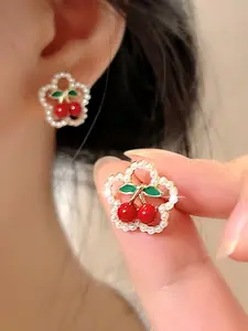 1 Pair of Elegant Cherry Blossom Stud Earrings for Women - Vintage & Minimalist Style with Red Cherry Center, Alloy & Copper, Ideal for Daily Wear or Parties