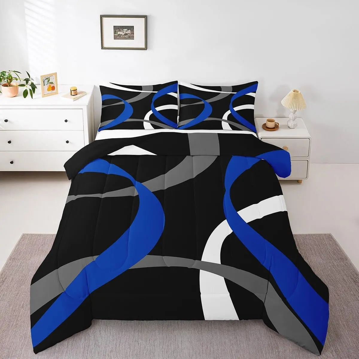 Modern Abstract Comforter Set,Navy Blue Grey Black Bedding Sets Men Adult Room Decor,Spiral Artistic Striped Quilt Set Geometric Lines Duvet Insert