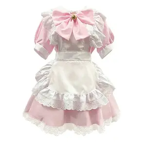 Sweet Pink White Maid Costume Anime Cosplay Costume Stage Performance Fancy Fashion Costume Skirt Apron Bow Tie Headband Set ﻿