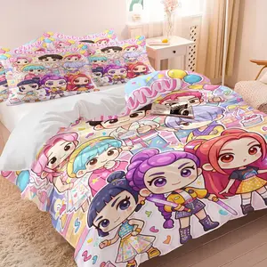 K-pop Dual Group Anime Chibi Duvet Cover Set, 1 Duvet Cover + 1/2 Pillowcases, No Core, Cute Party Print with Balloons & Cakes, Soft Cozy Breathable All-Season Bedding for Teens & K-pop Fans Bedroom & Dorm Decor