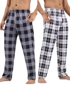 Men's Plaid Sleep Pants, All-Season Loose-Fit Straight Leg with Pockets, Breathable Elastic Waist, Comfortable Home Long Pants