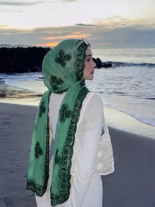 Elegant Rose Embroidered Hijab, Lightweight & Breathable Fabric, Perfect for Summer Outdoors, Stylish Design for Women, Turban Hijab