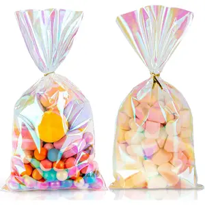100 count Iridescent Cellophane Bags Goodie Bags Candy Bag 5x11  Bag with Ties Clear  Wraps Holographic Party Favor Wraps for Birthday Wedding Easter Christmas Valentines