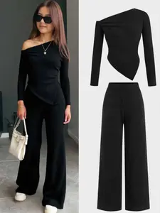 Girls' Casual Solid Color Asymmetrical Neck Long Sleeve Top & Pants Set, Fashionable Comfortable Versatile, Soft Design, Fitted Clothes