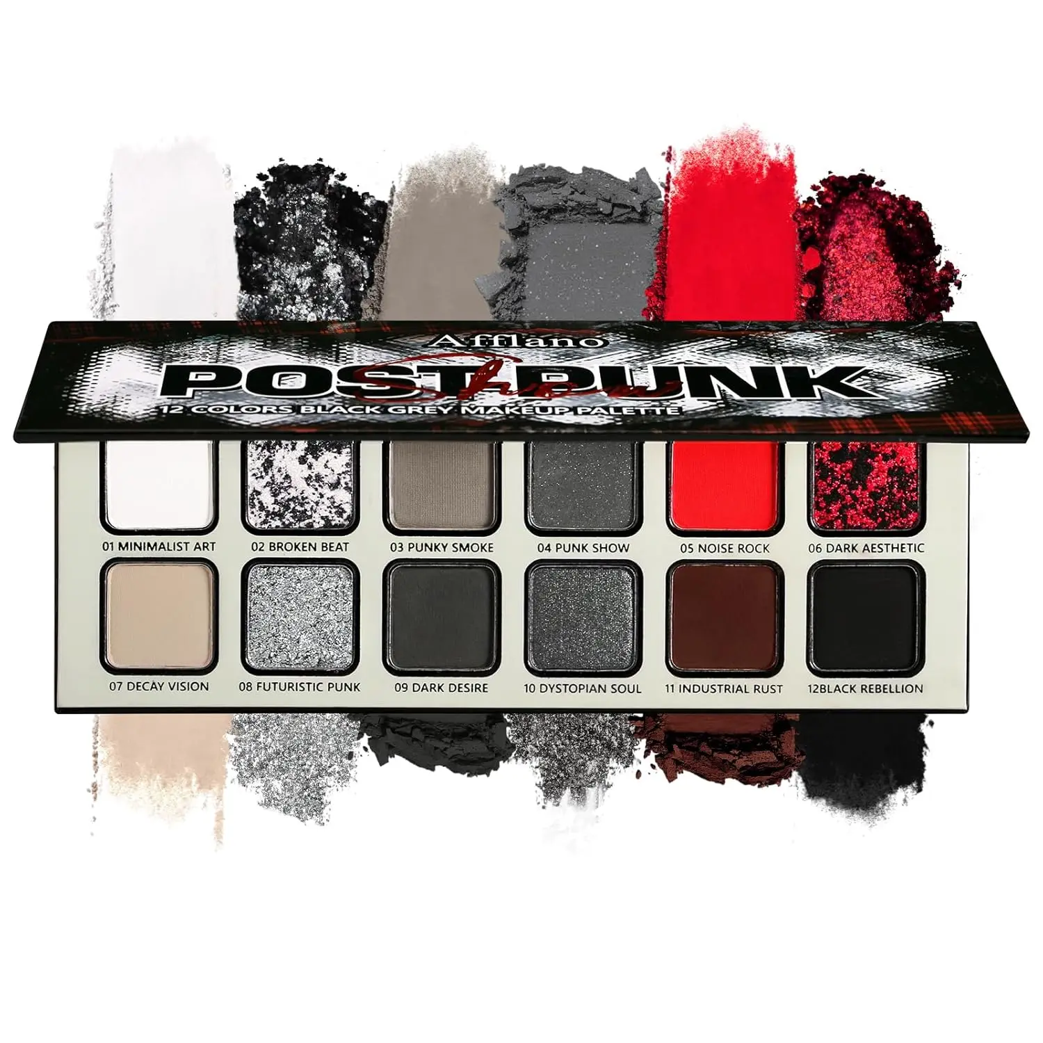 Gothic 12-Color Eyeshadow Makeup Kit - Black Red Shades, Matte/Glitter & Shimmer Finishes, Waterproof, Long-Lasting, Multi-Use Travel Cosplay Pack for Halloween