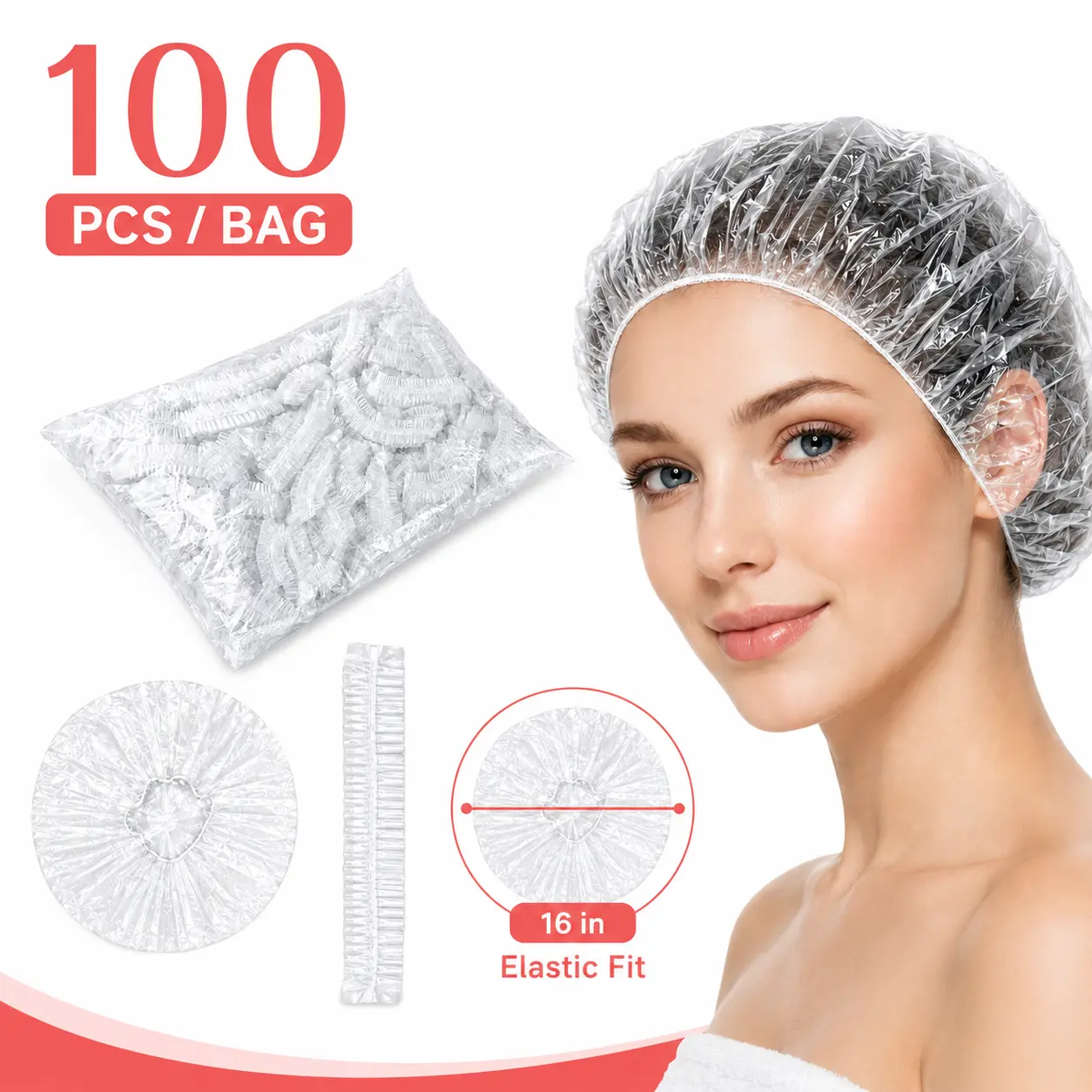100PCS Disposable Shower Caps Bulk Pack, Waterproof Elastic Hair Cover for Shower Spa Travel Salon Use, Single Use Bath Caps for Home Protection
