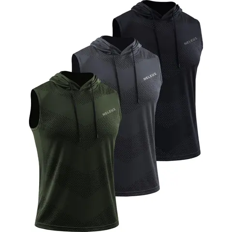 NELEUS Men's 3-Pack All Seasons Dry Fit Polyester Sleeveless Tank Tops - Sweat Wicking Athletic Activewear Vest, Hooded Running Vest with Accentuated Shoulders, Clean Look 3pack Workout Set for Gym Boxing