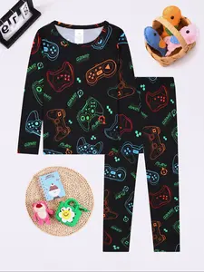 Boys' Electronic Game Controller Graphic Print Long Sleeve Pajamas, Comfortable Fit Sleepwear, Fun Gaming Theme Nightgown for Kids, Cartoon Print Pajama