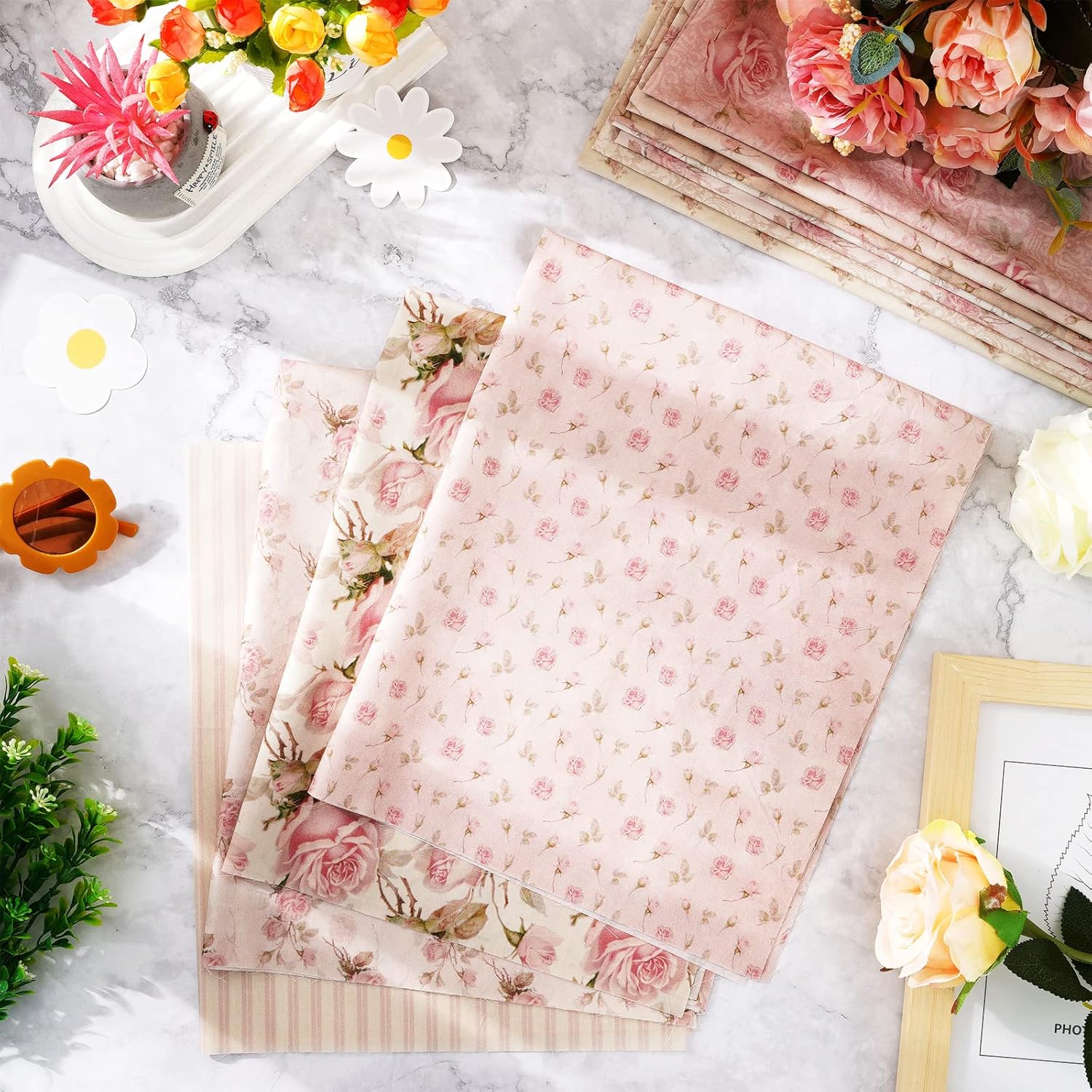 12PCS Cotton Fabric Bundles Featuring Retro Floral Designs, Ideal for Quilting And Patchwork Sewing 20inch Retro Floral Printed Pink Flower