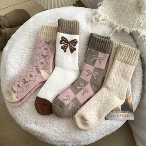 Women's Cozy Knit Ribbed Socks 4-Pack - Polyester Gingham Pattern with Bow Design, 95% Polyester & 5% Spandex Blend, Thick Warm Mid-Calf Winter Socks with Hand Wash or Dry Clean Care Instructions