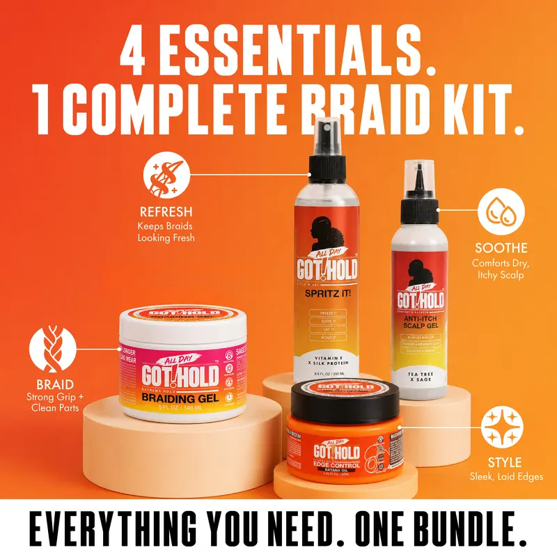 ALL DAY GOT HOLD Strong Hold Braiding Gel & Edge Control Bundle - Women's Dry Hair Products, Sleek Edges, Free Anti-Itch Scalp Gel, Setting Spray, Bottle Hair Gloss Styling Product