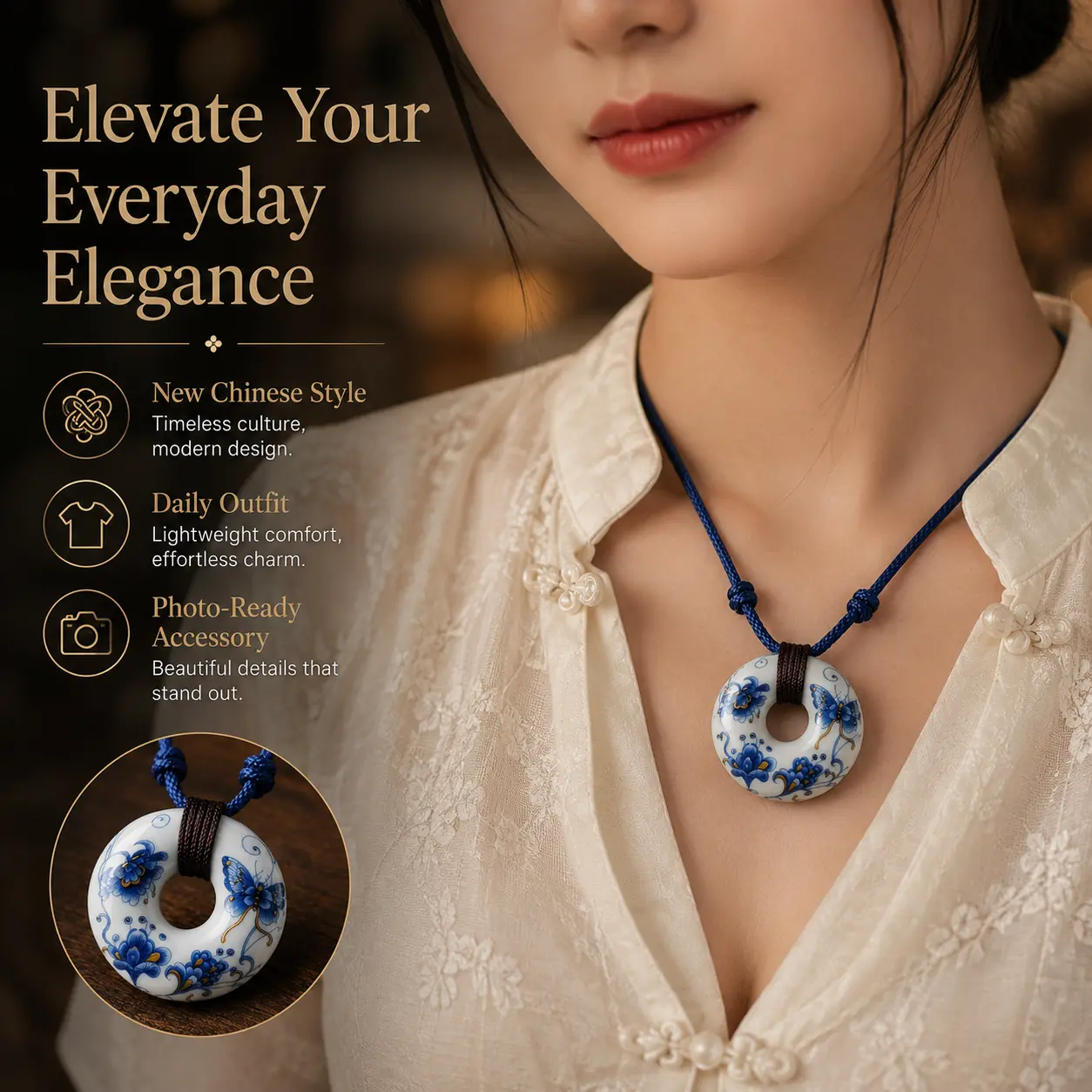 New Jingdezhen Blue White Porcelain Peace Buckle Necklace Traditional Ethnic Ceramic Jewelry Unisex Gift