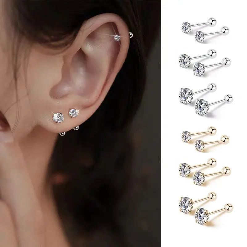 Women's 925 Silver-Plated Cubic Zirconia Stud Earrings Jewelry Set - 3-Pair Complete Jewelry Set, Versatile for Cartilage & Regular Piercings, Ideal for Daily, Driving/OOTD