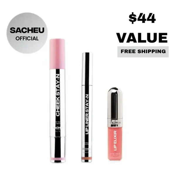 sacheu Cheek & Lip STAY-N Trio | Blush, Lip Liner & Gloss Trio | All-Day Dewy Lip & Cheek Set