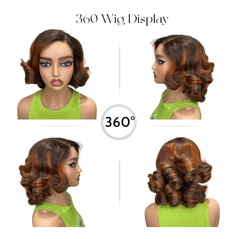 14 Inch Ombre Brown P4/350 Loose Bouncy Wave 200% Density Pre Cut Pre Plucked 5x5 Glueless Lace Wig Human hair Wigs 100% Vietnamese Hair Wear and Go Glueless Curly Wig