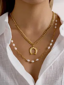 Classic Plated Gold Color White Rhinestone U-Shaped Pendant Necklace And Bracelet Women stainless steel Jewelry Set Maximalist Jewelry