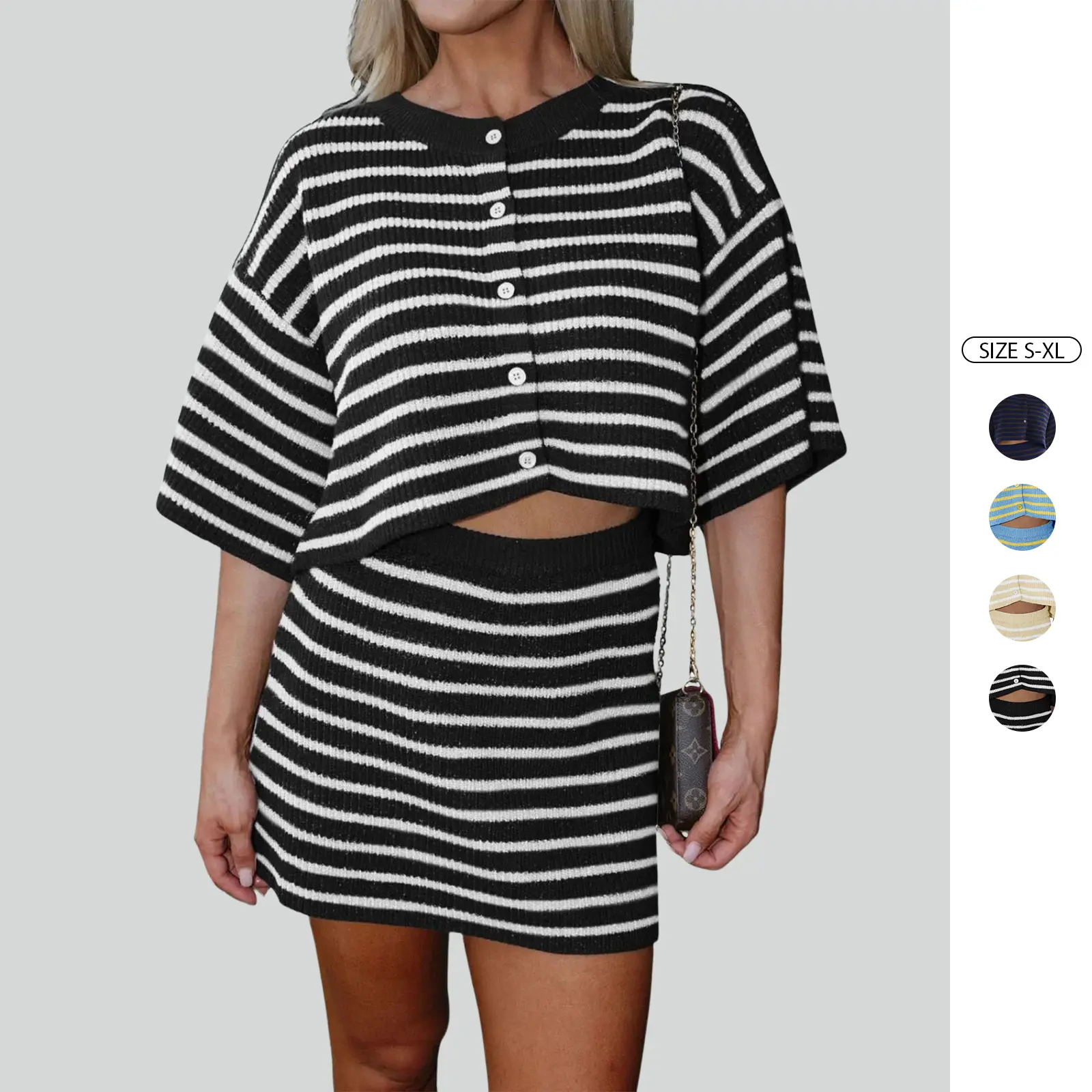 Imily Bela Womens Striped 2 Piece Outfits Sweater Sets Summer Knit Short Sleeve Button Up Top with Mini Skirt Set