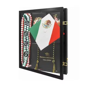 Military uniform display case/cabinet, wall-mounted, lockable, UV-resistant acrylic door—perfect for showcasing academic gowns, uniforms, jackets, sports coats, insignia. Includes a black wooden gift base with photo display.