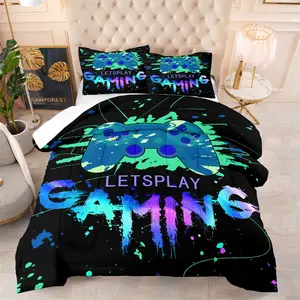 2/3Pcs Bold Neon Gamepad Comforter Set, Artistic Splatter Video Game Print Quilt Bedding Set with Pillowcases, Lightweight Cozy Bedding for Boys Teens Gamers Kids Bedroom Game Room, Trendy Gaming Themed Home Decor