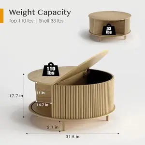 Round Fluted Coffee Table with Hidden Storage, Lift-Top Design & Side Open Shelf, Two-Layer Natural Wood Tabletop with Sliding Cabinet Doors, Sturdy Solid Wood Legs & Soft-Close Hinges, Ideal for Living Rooms & Small Spaces