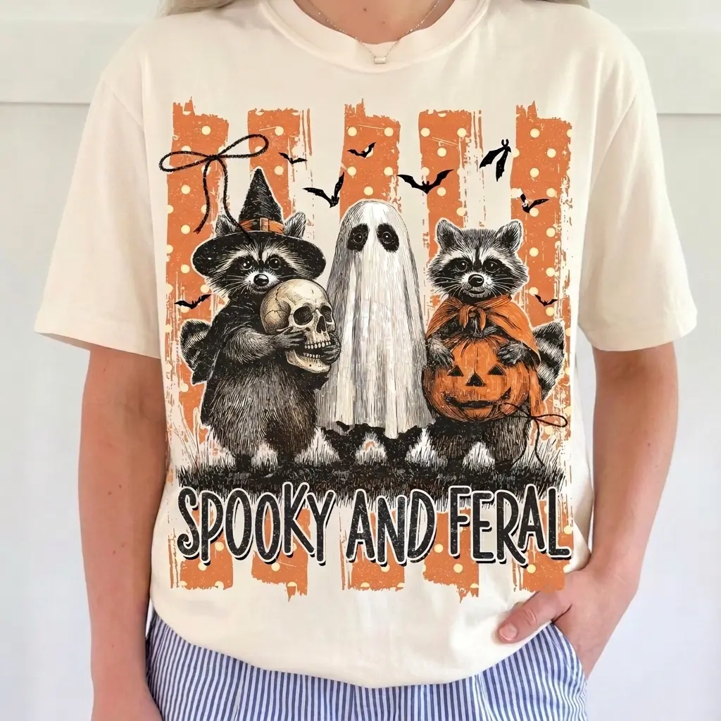 Spooky and Feral Halloween Comfort Colors Shirt, Raccoon Ghost Pumpkin Graphic Tee, Cute Spooky Fall Shirt for Women