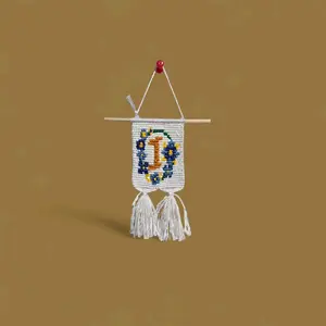Mini Macrame Featuring Letter I with Blue Flower Boader Handcrafted Wall Hanging Decor