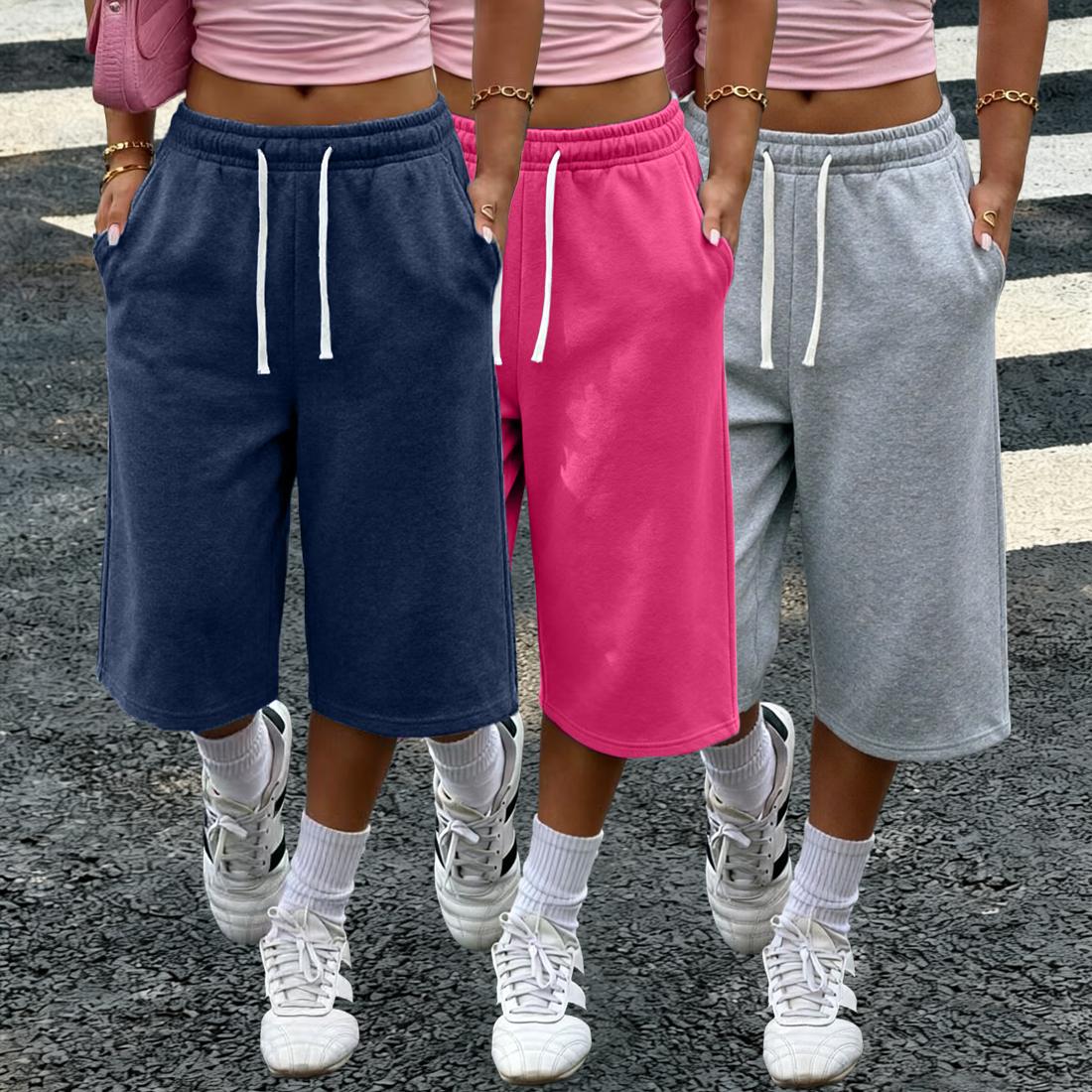 Women’s 1–3-pack solid-color three-quarter wide-leg loose pants — with pockets, elastic waistband, lightweight fleece fabric, summer casual basic pants — without pockets