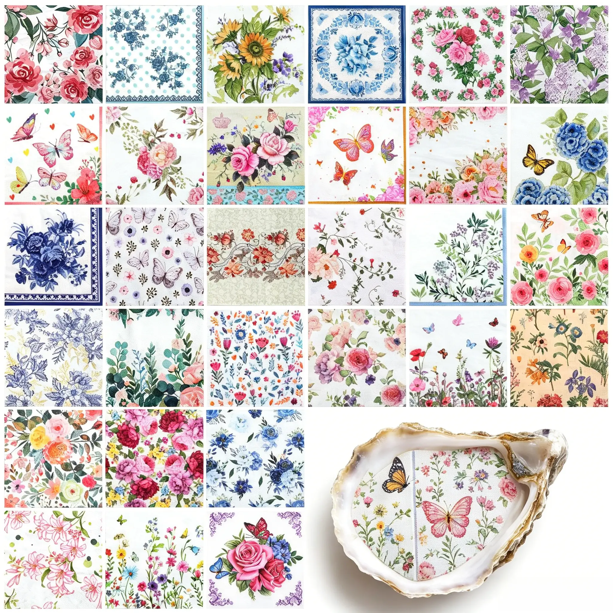 Thick Paper Disposable Napkins Set, 30-Pack 30 Styles 13x13 Inch Unfolded Floral Chinoiserie Decoupage Napkins for DIY Crafts, Handmade Gifts, Spring Party Home Decor