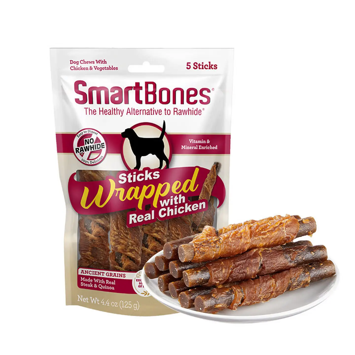 SmartBones Wrapped Sticks Dog Chews, 5-Stick Pack, No-Rawhide Dental Treats with Real Chicken-Wrapped Steak & Quinoa Ancient Grains