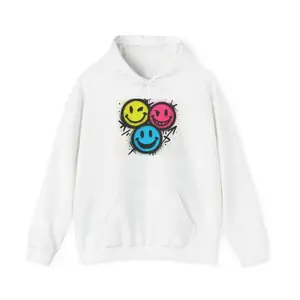 Women's neon smiley faces, colorful expression, urban fashion Graphic Hoodie - Long Sleeve Pullover Regular Fit | Soft & Breathable Fabric, Durable Print, Everyday Comfort, Machine Washable, grunge, streetwear, vibrant, graffiti-inspired urban streetwear,
