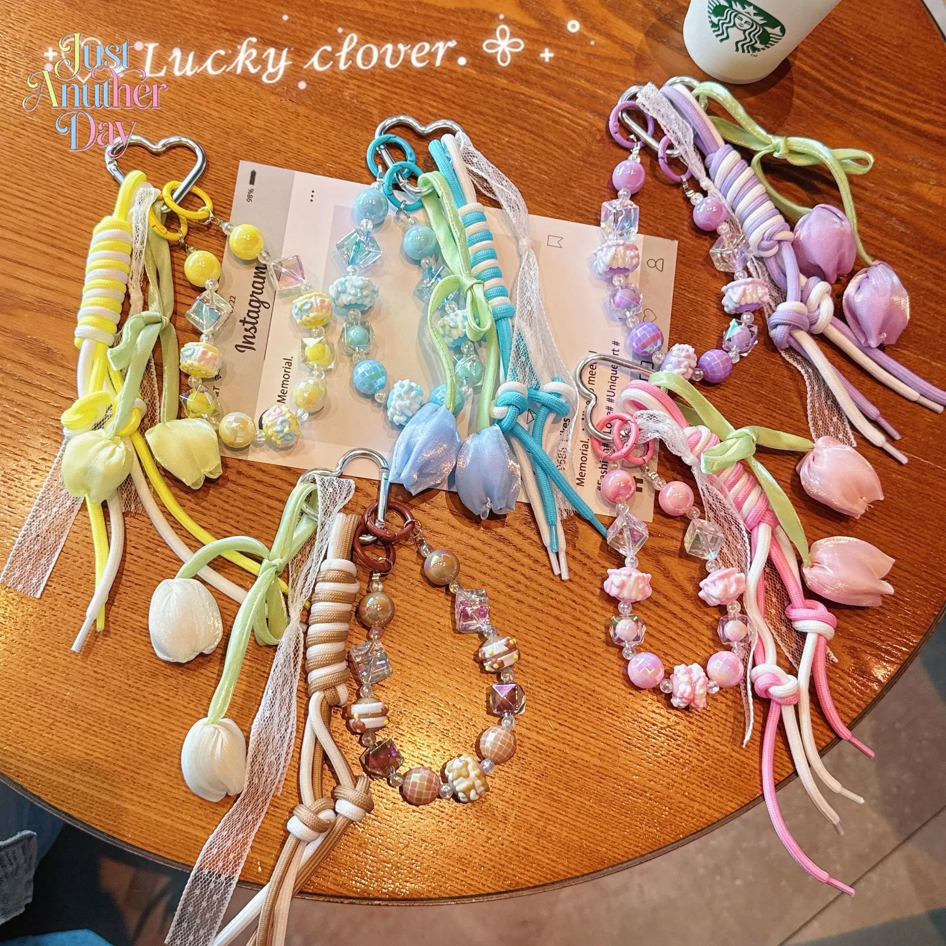 Handwoven Tulip Bag Charms, Beaded Phone Lanyard & Keychain, Colorful Braided Rope with Lace & Crystal Beads, Cute Aesthetic Accessories for Girls