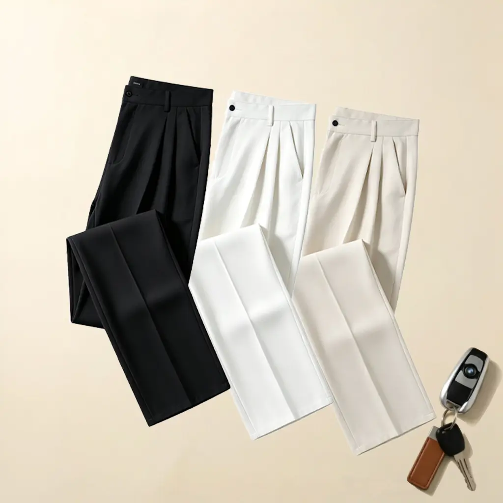 Men’s pleated straight-leg dress pants, elegant suit trousers, lightweight wrinkle-resistant business casual long pants with side pockets and a back pocket
