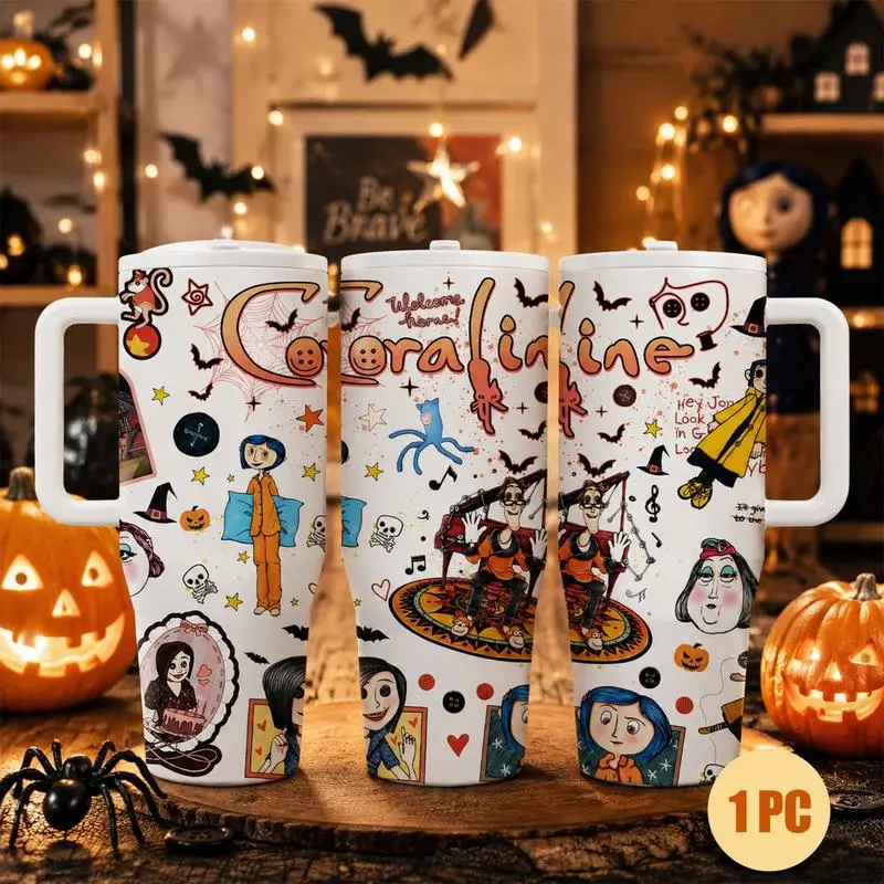 1pc 40oz Halloween Stainless Steel Tumbler, Coraline Dark Fantasy Cartoon Style, Halloween Vacuum Insulated Thermal Cup, Creepy Cute Travel Mug for Movie Fans, Unique Gift for Horror Aesthetic Lovers