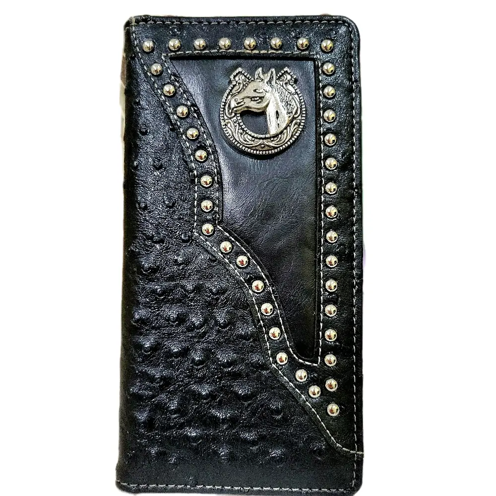 Horse concho  Western wallet Cowboy wallet rodeo wallet Ostrich textured look faux leather bifold wallet embossed black.