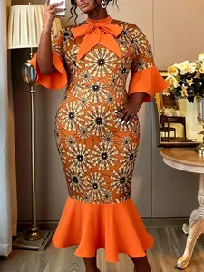 Women Elegant Church Dresses Printed Bowtie Half High Collar Mermaid 3/4 Flare Sleeves Patchwork Office Ladies Fall Autum Gowns