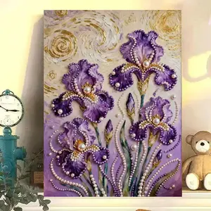 ZaiDoc Romantic Purple Floral Shimmer Bead Inlaid DIY Paint by Numbers Kit, Artistic Textured Canvas Wall Art Set, Elegant Botanical Hanging Ornament for Room Decor & Holiday Handmade Presents