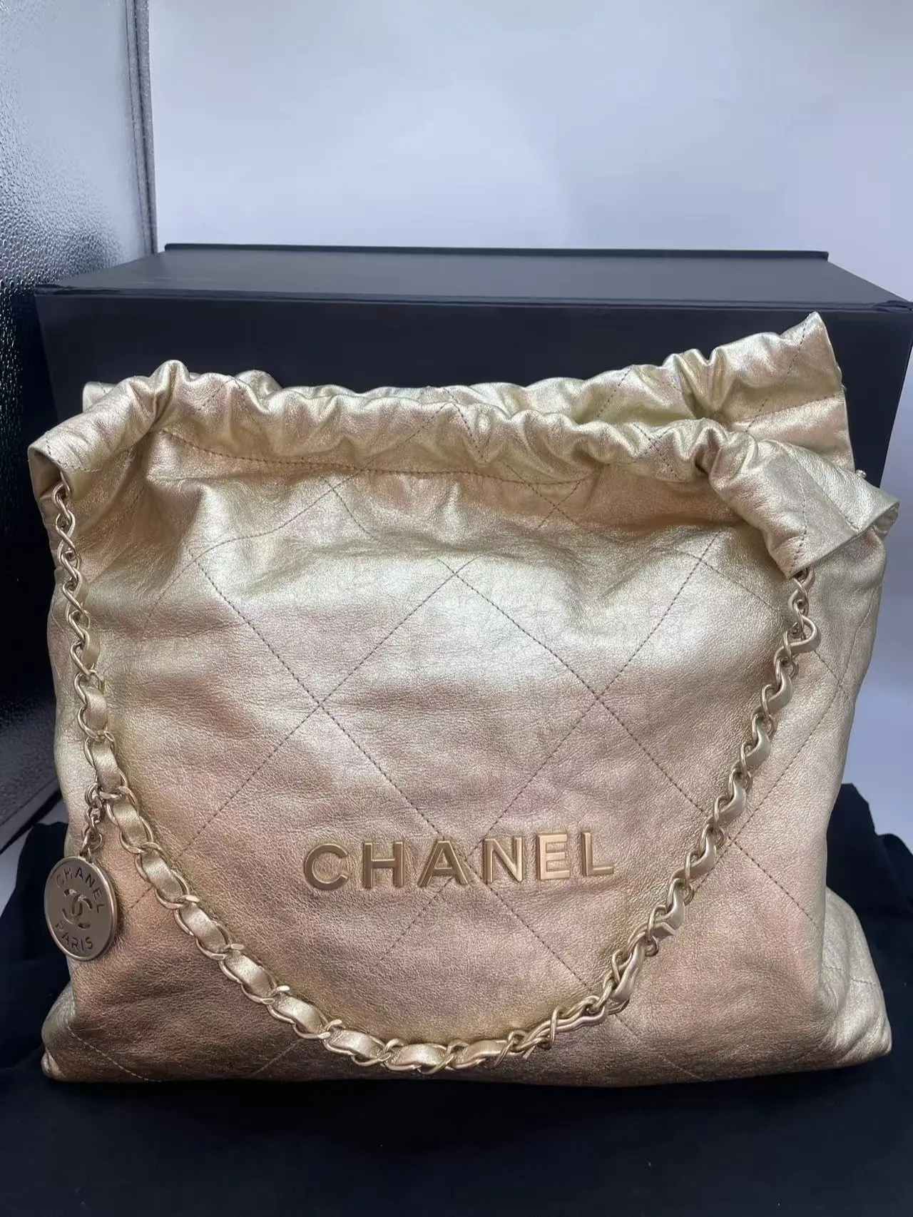 Pre-owned CHANEL 24B 22 Bag Hobo Shoulder Bag, Gold Quilted Calfskin, Gold Tone Hardware, 98% New, with Box & Dust Bag