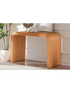 212 MAIN Bohemian Fluted Rattan Console Table - Light Honey Finish, Fluted Curve, Waterfall Edge, Mahogany Accents, Pre-Assembled, Solid Frame, Bohemian Look