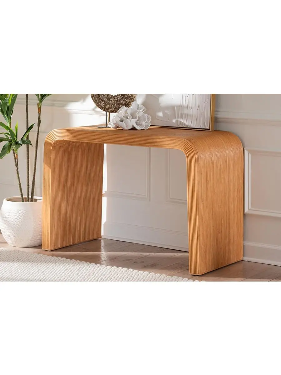 212 MAIN Bohemian Fluted Rattan Console Table - Light Honey Finish, Fluted Curve, Waterfall Edge, Mahogany Accents, Pre-Assembled, Solid Frame, Bohemian Look
