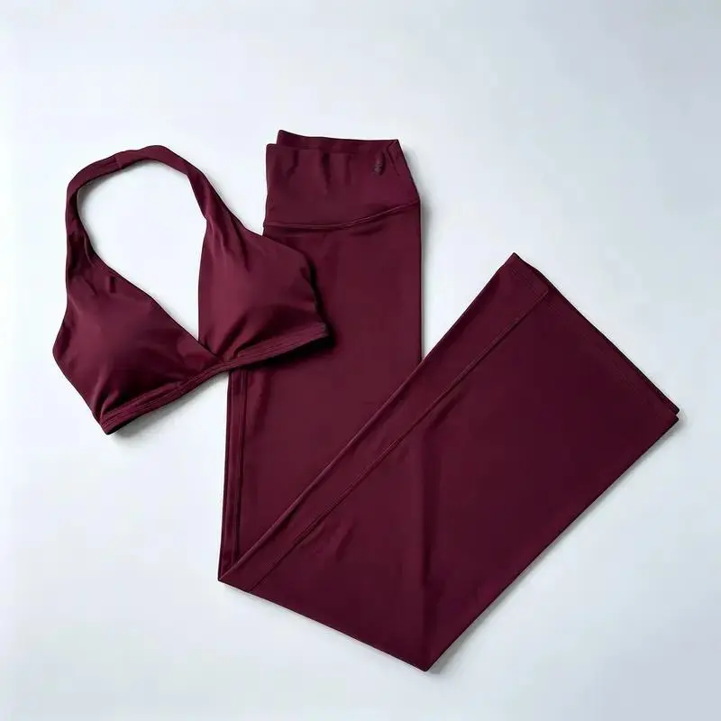 (With logo)Women's 2 Piece Buttery Soft Workout Set – V Neck Halter Sports Bra with Removable Pads & High Waisted Flare Yoga Pants, Naked Feel Stretch Matching Activewear Outfit for Pilates, Gym, Fitness Training, Running & Everyday Athleisure