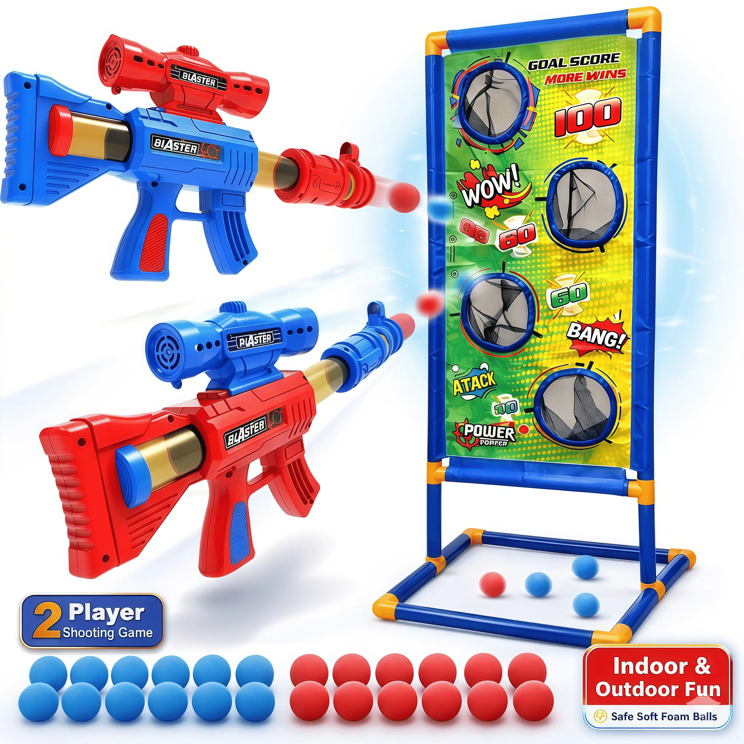 2-Player Foam Ball Blaster Toy Set - Kids' Shooting Fun Game with Target Board, Safe Soft Balls, Indoor/Outdoor Play Toy, Gift for Boys/Girls Ages 4-10