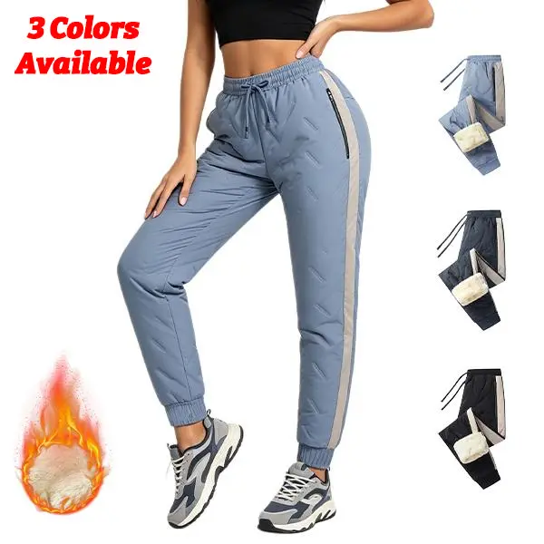 Women’s winter fleece-lined warm jogger pants – solid color, polyester fabric, waterproof, thick fleece lining, adjustable drawstring elastic waistband, windproof, side zipper pockets, contrasting stripe design, available in three colors.