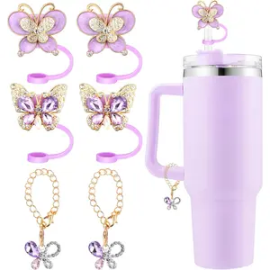 Crystal Diamond Bling Butterfly Silicone Straw Cover Caps for Stanley Cup 30 & 40 Oz Tumbler,4 Pcs Colourful butterfly Straw Toppers and 2 Pcs Handle Charms Set for Stanley Cup Accessories (Purple)