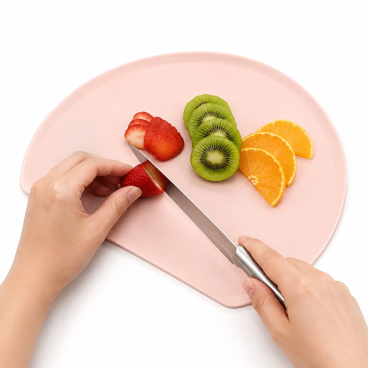 CUBIDUPI Flexible TPU Cutting Board, D-Shaped Chopping Board with Raised Juice-Guard Rim, Easy-Clean Counter-Edge Kitchen Prep Mat,Blossom Pink