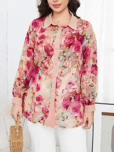 Plus Size Floral Shirt Women, Loose Fit Slimming Long Sleeve French Vintage Rose Print Collar Top, Casual Office Travel Clothes Womenswear